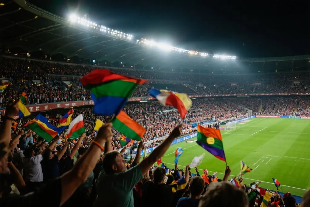 满座的世界杯球场,观众挥舞旗帜,激情四溢